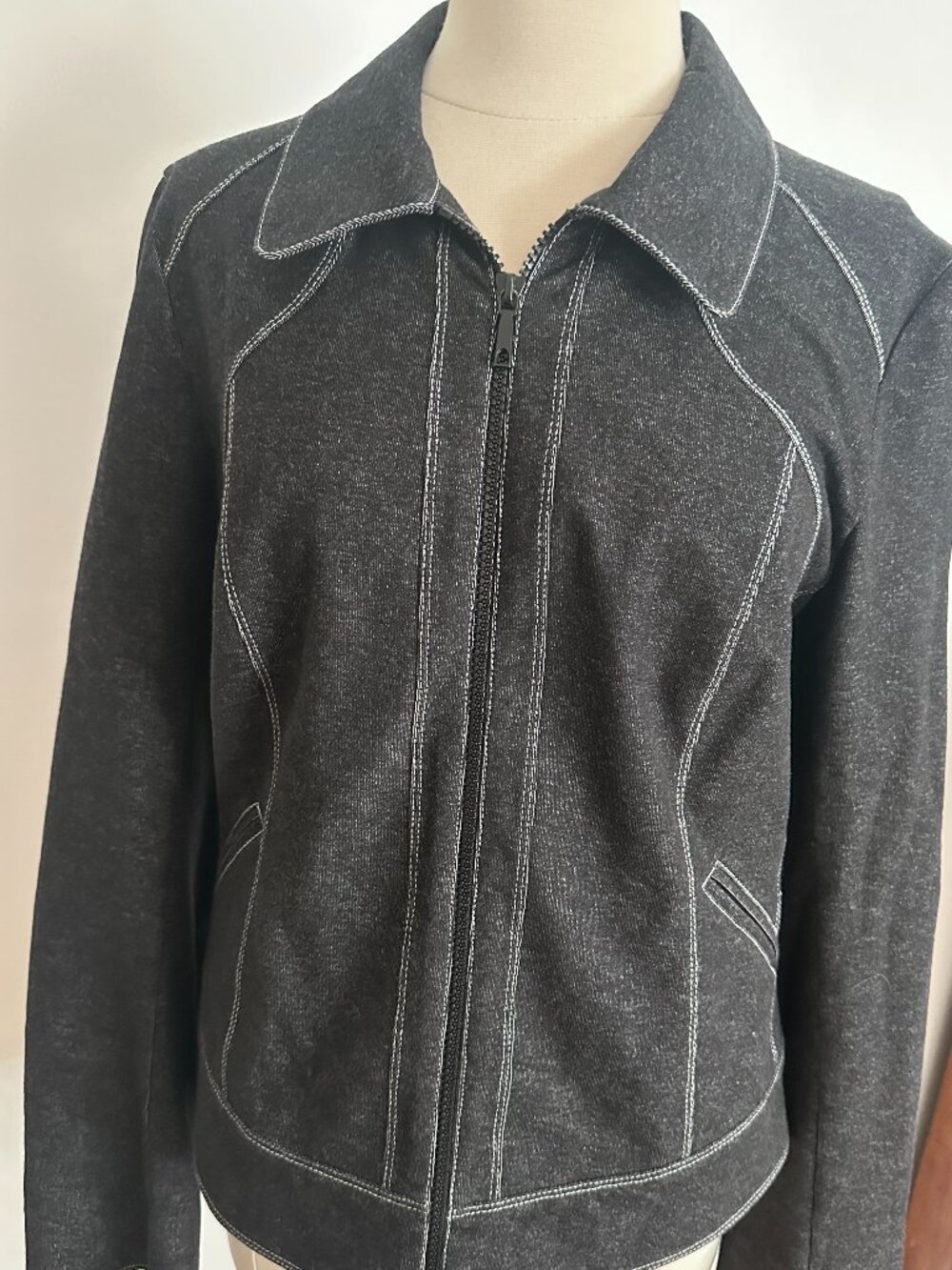 Lafayette 148 Charcoal Grey Denim Zip Jacket Luxury Stitching Medium